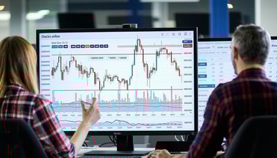 Illustration showing people learning about stocks online Illustration showing people learning about stocks online